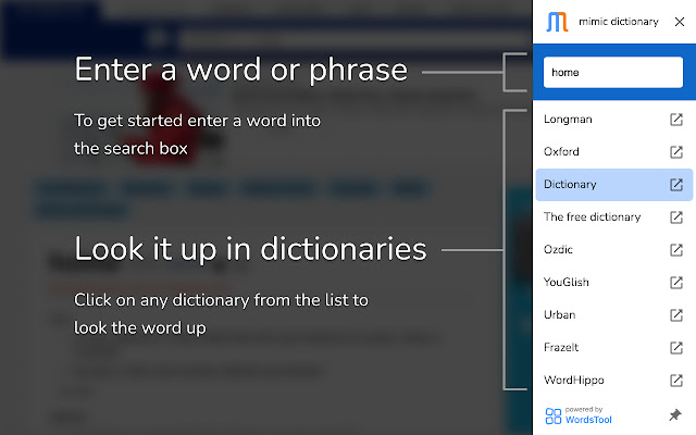 Mimic dictionary  from Chrome web store to be run with OffiDocs Chromium online
