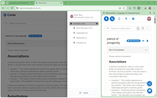 MnemoPack / Language: AI Powered Cards  from Chrome web store to be run with OffiDocs Chromium online
