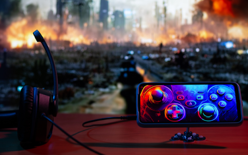 Mobile Game Controller and Headphones in Front of a Screen  from Chrome web store to be run with OffiDocs Chromium online