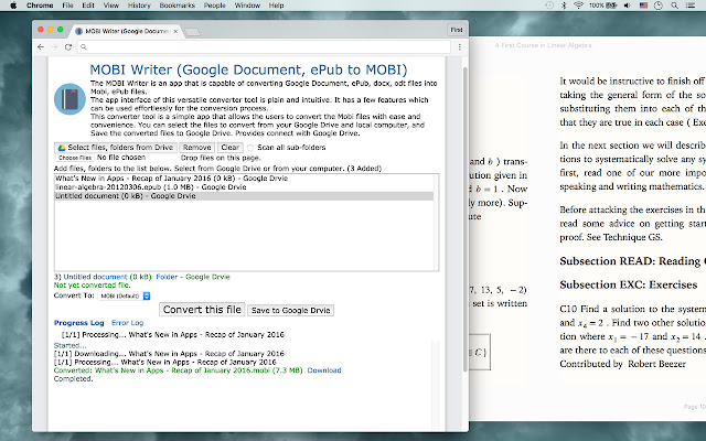 MOBI Writer (Google Document, ePub to MOBI)  from Chrome web store to be run with OffiDocs Chromium online