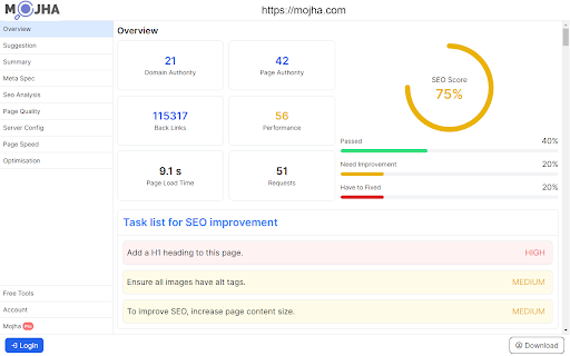 Mojha 1 Click SEO audit  from Chrome web store to be run with OffiDocs Chromium online