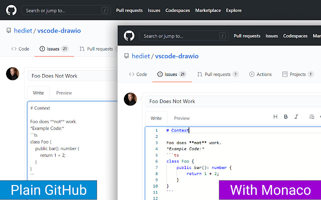 Monaco Markdown Editor For GitHub  from Chrome web store to be run with OffiDocs Chromium online