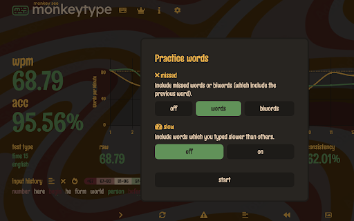 Monkey Type Practice Words  from Chrome web store to be run with OffiDocs Chromium online