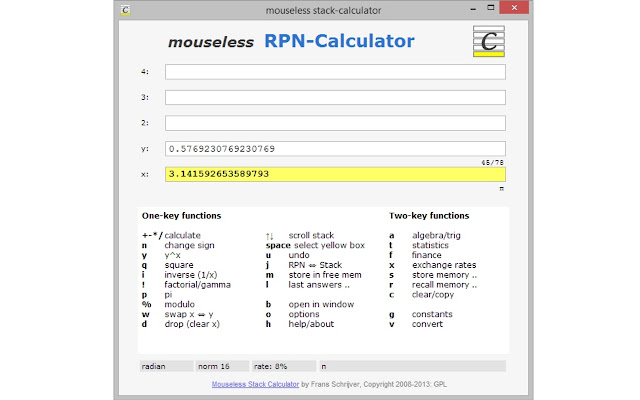 Mouseless Stack Calculator App  from Chrome web store to be run with OffiDocs Chromium online