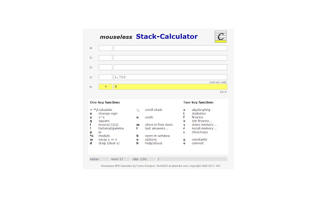 Mouseless Stack Calculator Ext  from Chrome web store to be run with OffiDocs Chromium online
