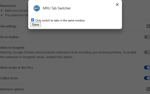 MRU Tab Switcher  from Chrome web store to be run with OffiDocs Chromium online