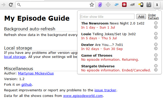 My Episode Guide  from Chrome web store to be run with OffiDocs Chromium online