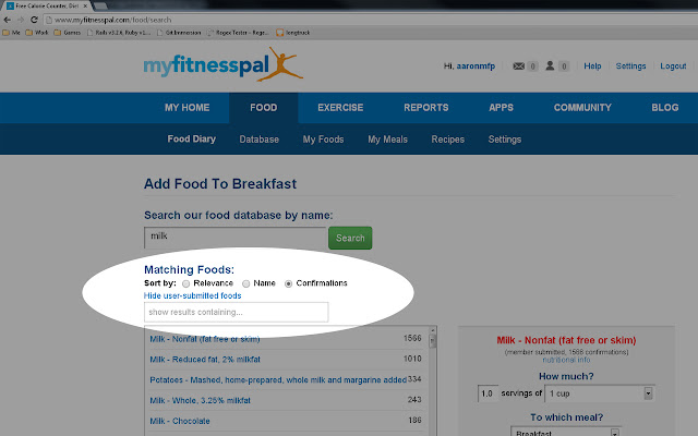 MyFitnessPal Search Filters  from Chrome web store to be run with OffiDocs Chromium online