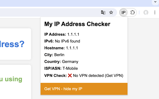 My IP Address Checker: Test IP + IPv6 + VPN  from Chrome web store to be run with OffiDocs Chromium online