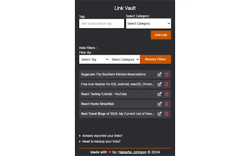 My Link Vault  from Chrome web store to be run with OffiDocs Chromium online