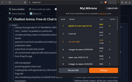 MyLMArena  from Chrome web store to be run with OffiDocs Chromium online