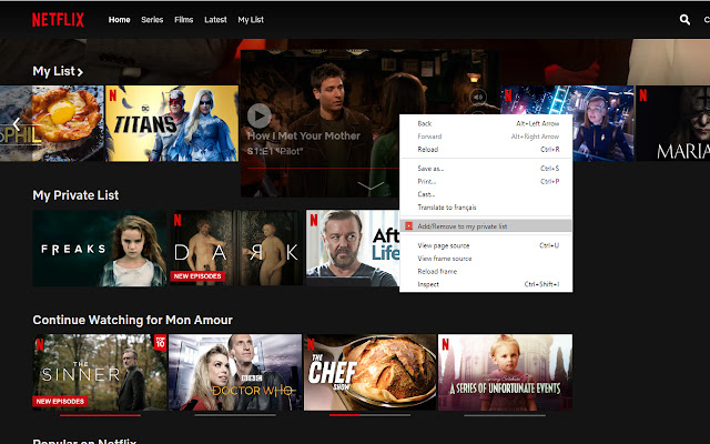 My Netflix Private List  from Chrome web store to be run with OffiDocs Chromium online