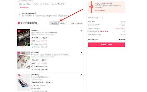 Myntra Export Cart To CSV  from Chrome web store to be run with OffiDocs Chromium online