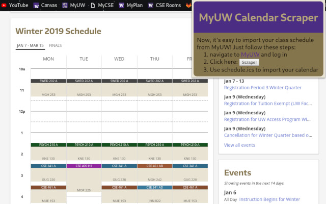 MyUW Calendar Scraper  from Chrome web store to be run with OffiDocs Chromium online