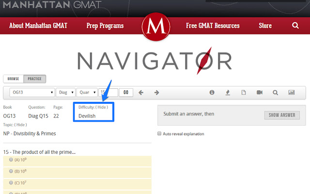 Navigator Difficulty Hider: Manhattan GMAT de la tienda web de Chrome se ejecutará con OffiDocs Chromium en línea