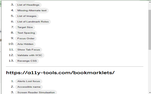 Nawaz Accessibilty testing Bookmarklets  from Chrome web store to be run with OffiDocs Chromium online