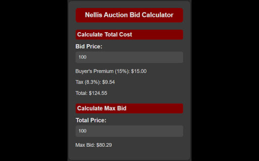Nellis Auction Bid Calculator  from Chrome web store to be run with OffiDocs Chromium online