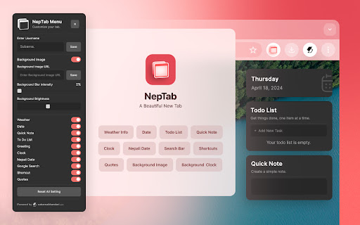 NepTab A Beautiful New Tab from Chrome web store to be run with OffiDocs Chromium online NepTab A Beautiful New Tab from Chrome web store to be run with OffiDocs Chromium online