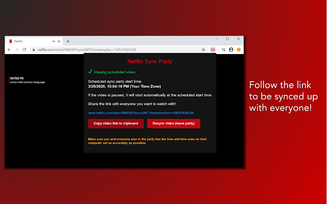 Netflix Sync Party  from Chrome web store to be run with OffiDocs Chromium online