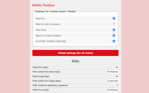 Netflix Toolbox Intro skip | Auto "continue watching" and more  from Chrome web store to be run with OffiDocs Chromium online