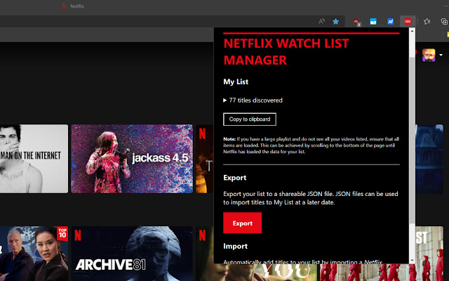 Netflix Watch List Manager  from Chrome web store to be run with OffiDocs Chromium online