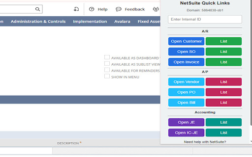Netsuite quick Links  from Chrome web store to be run with OffiDocs Chromium online
