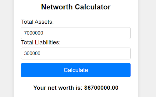 Networth Calculator  from Chrome web store to be run with OffiDocs Chromium online