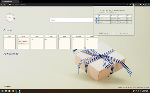 Never Miss Birthday  from Chrome web store to be run with OffiDocs Chromium online