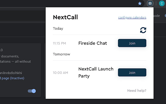 NextCall.xyz  from Chrome web store to be run with OffiDocs Chromium online
