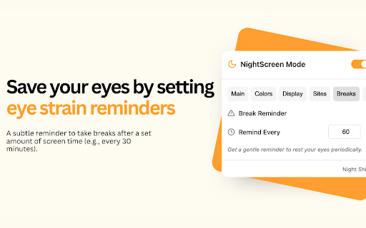NightScreen Mode: Dark Mode  Eye Strain Relief  from Chrome web store to be run with OffiDocs Chromium online