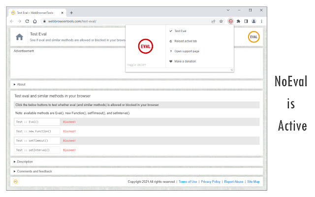 NoEval Disable Eval()  from Chrome web store to be run with OffiDocs Chromium online