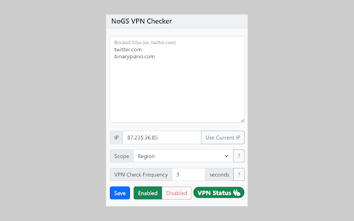 NoGS VPN Checker  from Chrome web store to be run with OffiDocs Chromium online