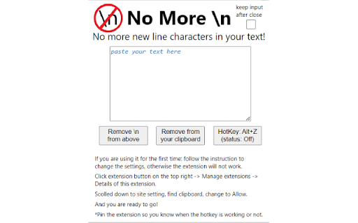 No More Next Line Character  from Chrome web store to be run with OffiDocs Chromium online
