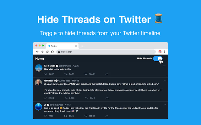 No More Threads Hide Twitter Threads  from Chrome web store to be run with OffiDocs Chromium online