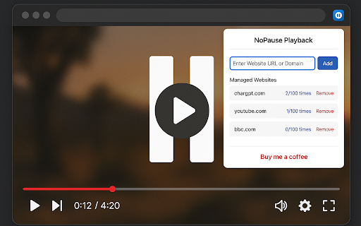 NoPause Playback  from Chrome web store to be run with OffiDocs Chromium online