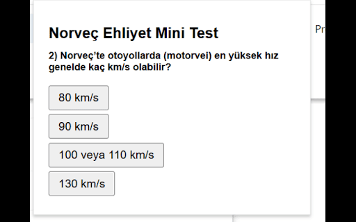 Norveç Ehliyet Mini Test  from Chrome web store to be run with OffiDocs Chromium online