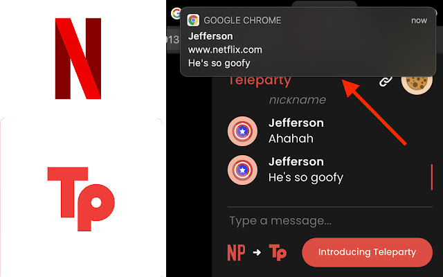 Notifications for Teleparty  from Chrome web store to be run with OffiDocs Chromium online
