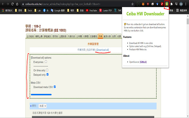 NTU Ceiba HW Downloader  from Chrome web store to be run with OffiDocs Chromium online