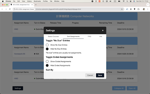 NTU COOL Assignment Viewer  from Chrome web store to be run with OffiDocs Chromium online