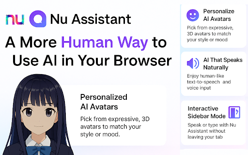 Nu Assistant: 3D AI Avatar, Voice Chat Agent  Virtual Character Companion  from Chrome web store to be run with OffiDocs Chromium online