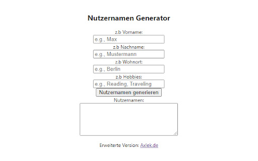 Nutzernamen Generator  from Chrome web store to be run with OffiDocs Chromium online