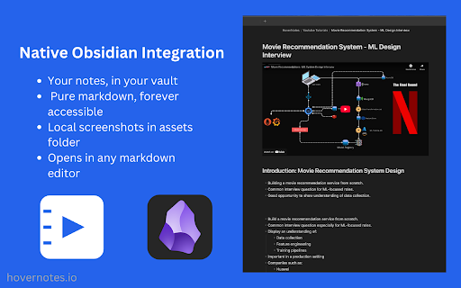 Obsidian AI Video Notes (YouTube, Udemy, Bilibili, etc) HoverNotes  from Chrome web store to be run with OffiDocs Chromium online
