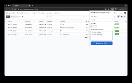 Odoo Filter Generator  from Chrome web store to be run with OffiDocs Chromium online
