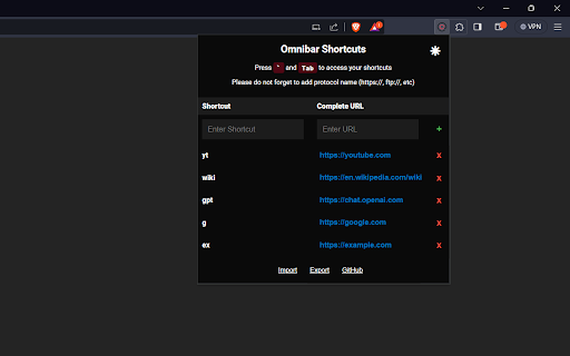 Omnibox Shortcuts  from Chrome web store to be run with OffiDocs Chromium online