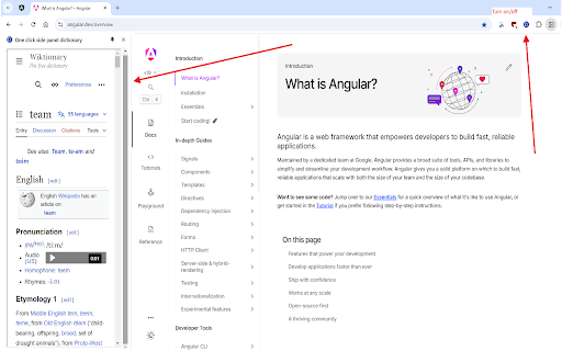 One click side panel dictionary  from Chrome web store to be run with OffiDocs Chromium online