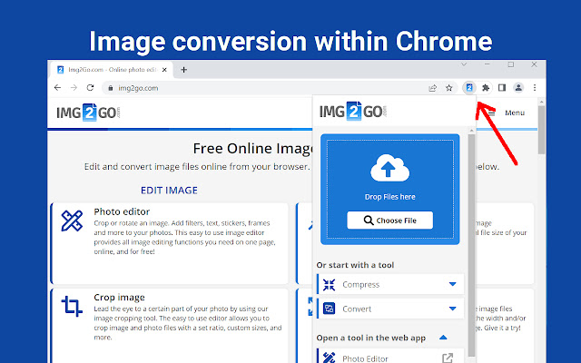 โปรแกรมแก้ไขรูปภาพออนไลน์ (img2go.com) จาก Chrome เว็บสโตร์ที่จะเรียกใช้ด้วย OffiDocs Chromium ออนไลน์