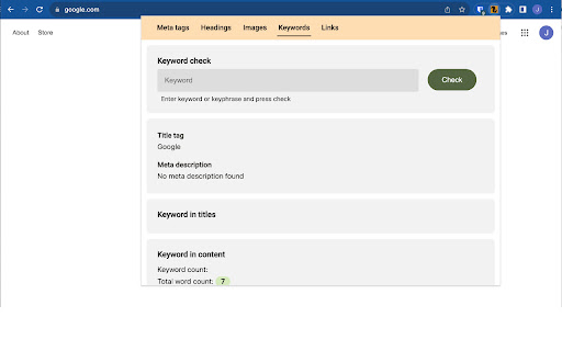 On page SEO analyzer by Chunky Squirrel  from Chrome web store to be run with OffiDocs Chromium online