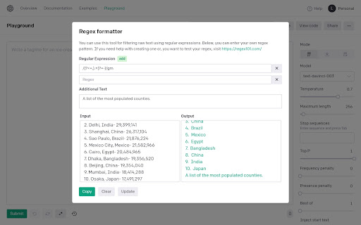 OpenAi Playground Regex  from Chrome web store to be run with OffiDocs Chromium online