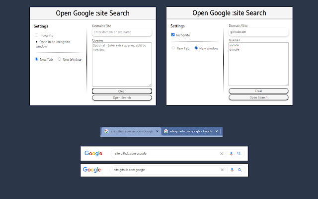 Open Google :site Search  from Chrome web store to be run with OffiDocs Chromium online