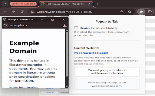 Open Pop ups in Tabs  from Chrome web store to be run with OffiDocs Chromium online